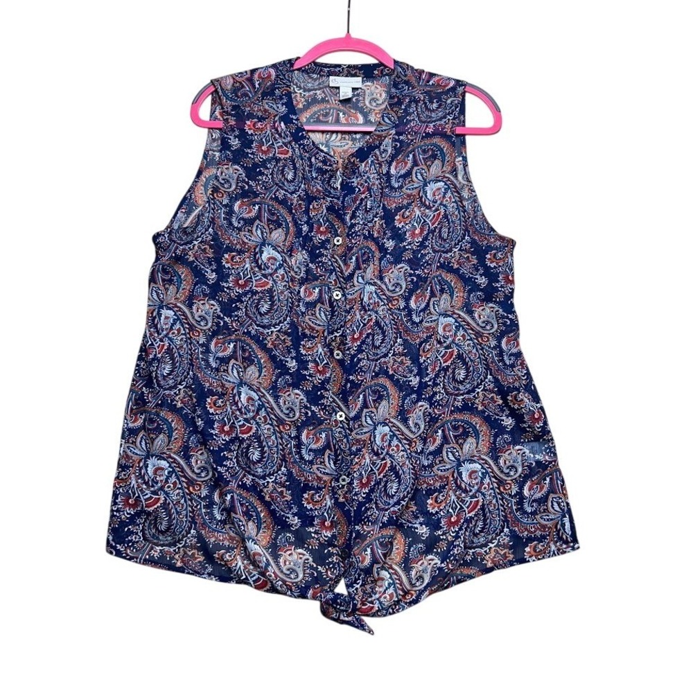 C&B Established 1962 Womens 1X Paisley Tie Front Sleeveless Chiffon Blouse Navy